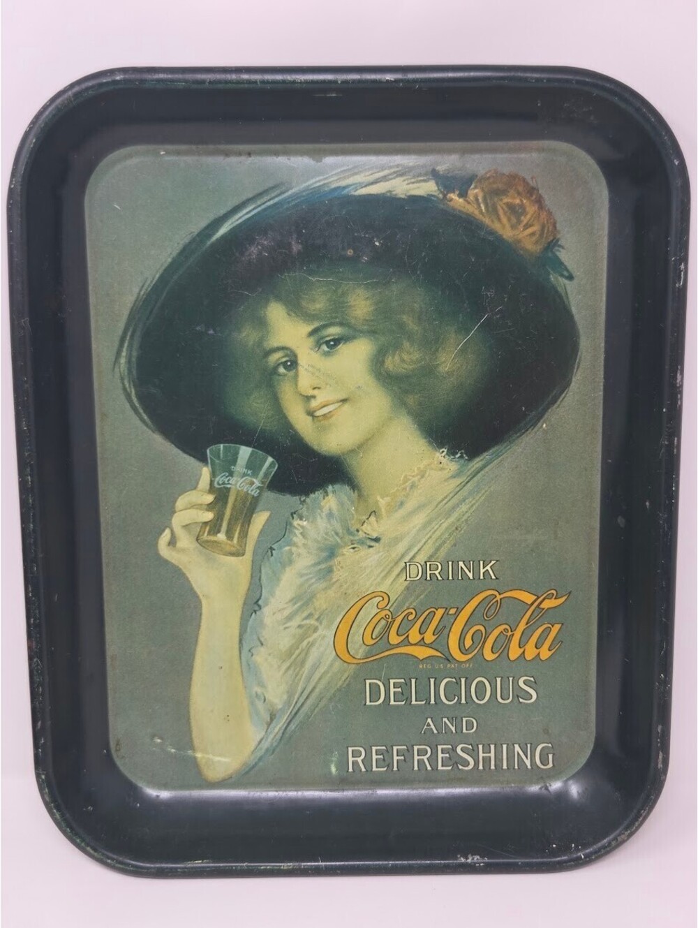 Coca Cola Advertising Metal Serving Tray Lady Portrait Black Border 13 Inch